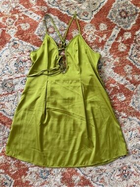 Forever 21 Lime Green Satin Slip Dress with Lace-Up Front